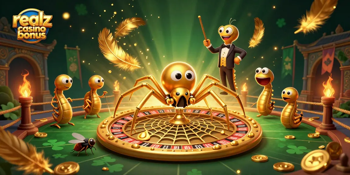 Erlebe den Realz Casino Bonus mit einem goldenen Spinnen-Roulette-Rad, umgeben von casino-motivierten Elementen.