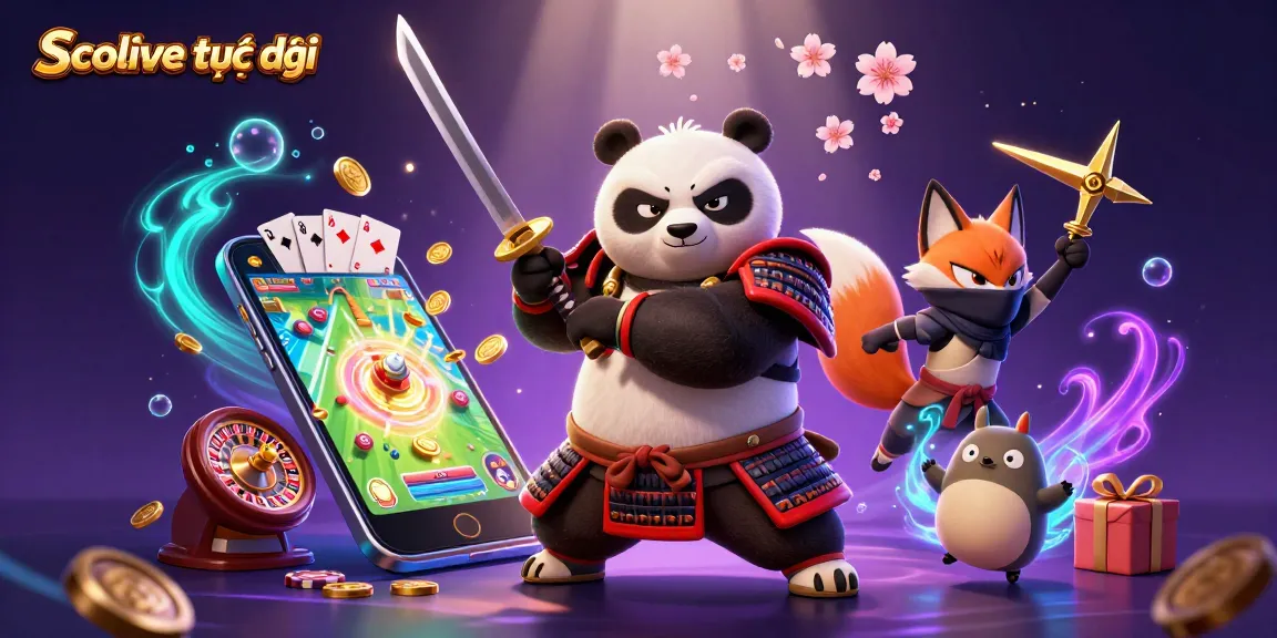 Experience Socolive trực tiếp with a vibrant 3D illustration featuring a panda samurai and fox ninja in dynamic action.